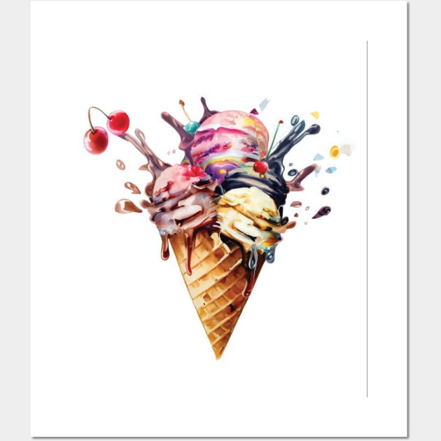 Ice Cream Cone with Splash Watercolor Wall Art by teamlancerbd